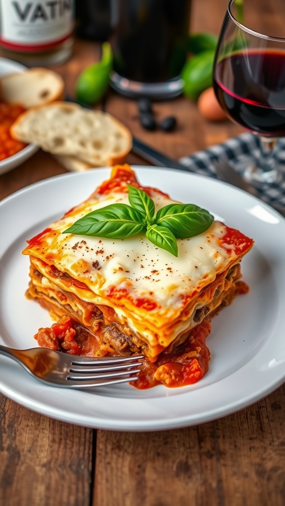 A slice of beef lasagna with layers of meat sauce and cheese, garnished with basil, on a rustic table with garlic bread.